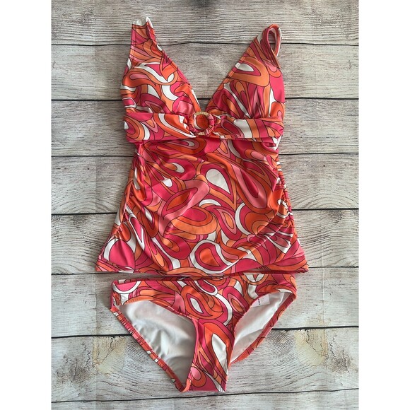 NWT Michael Kors Tankini 2 Piece Swimsuit Pink & Orange Retro pattern Size XS - Picture 1 of 7